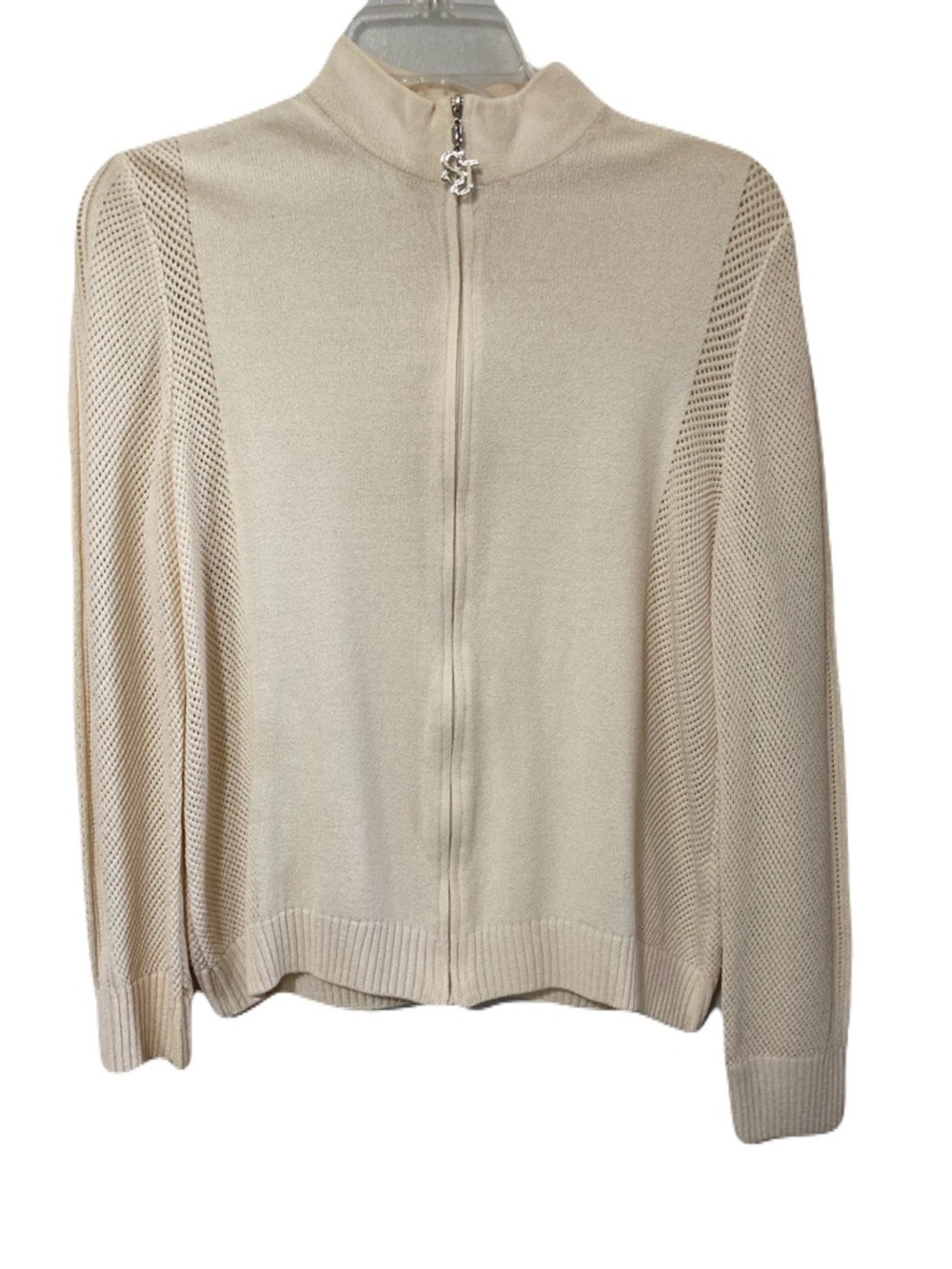St. John Cream Zip-Front Mesh-Sleeve Sweater